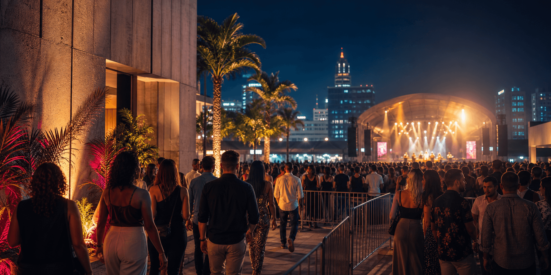 Público llegando a un evento con luces de escenario y energía de apertura.