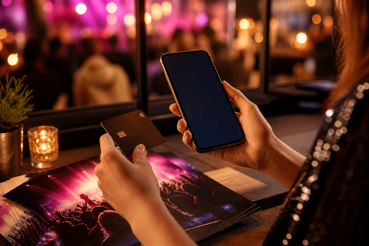 Compra digital de entradas en un teléfono con ambiente de evento.